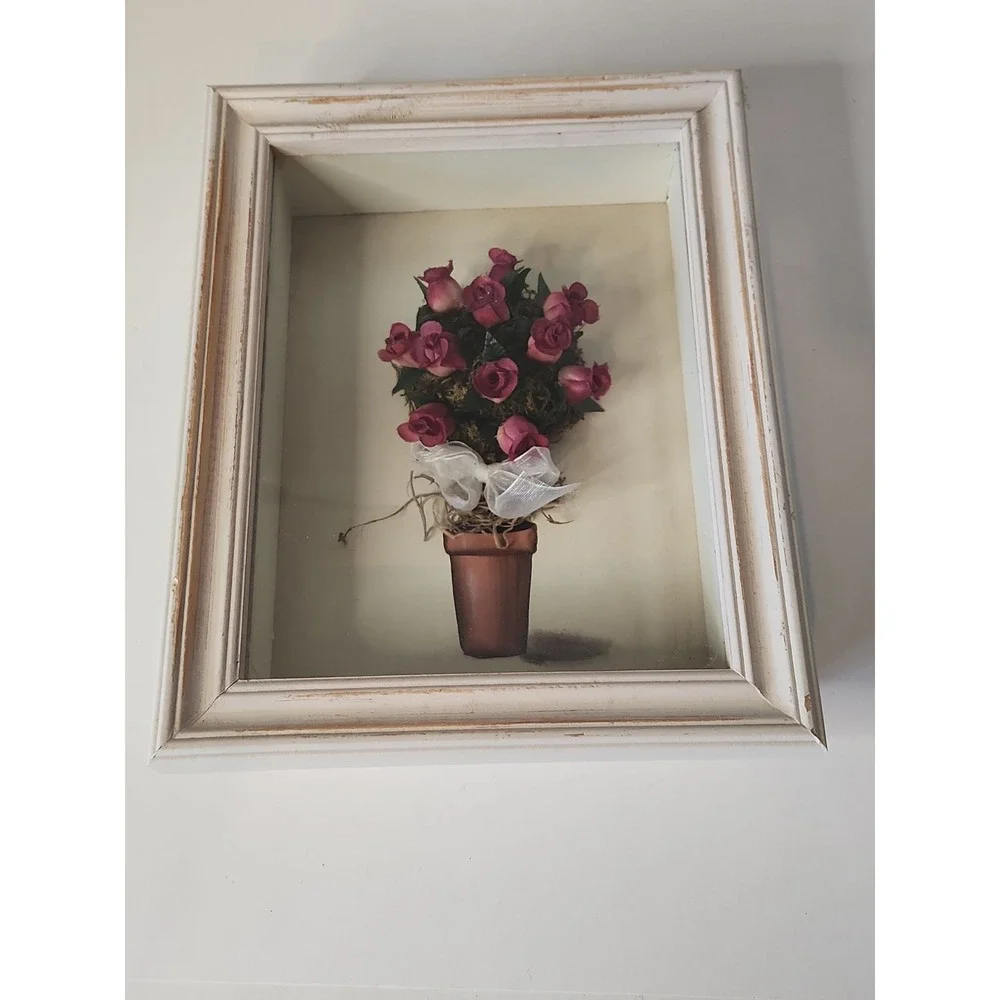 Vintage 1990s Constance Lael Topiary Rose Shadow Box Frame Wall Art Pair Set 2